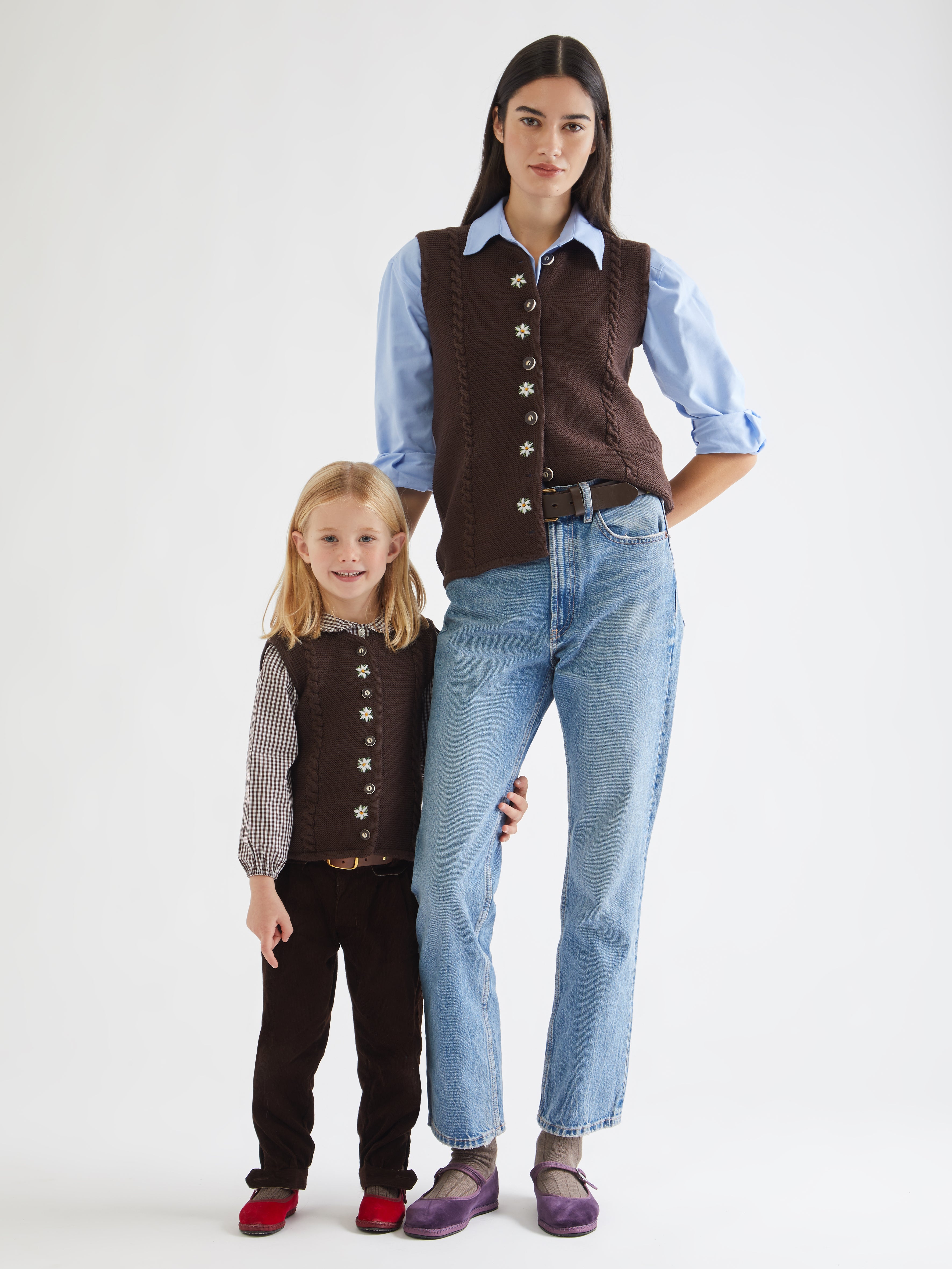 Hand made, fatto a mano, golf ricamato, embroidered sweater, knitwear, maglieria, knitted vest, Tyrolen sweater, traditional sweater, made in Italy, edelweiss, Stella alpina, mum and daughter, match with your daughter, mini me collection