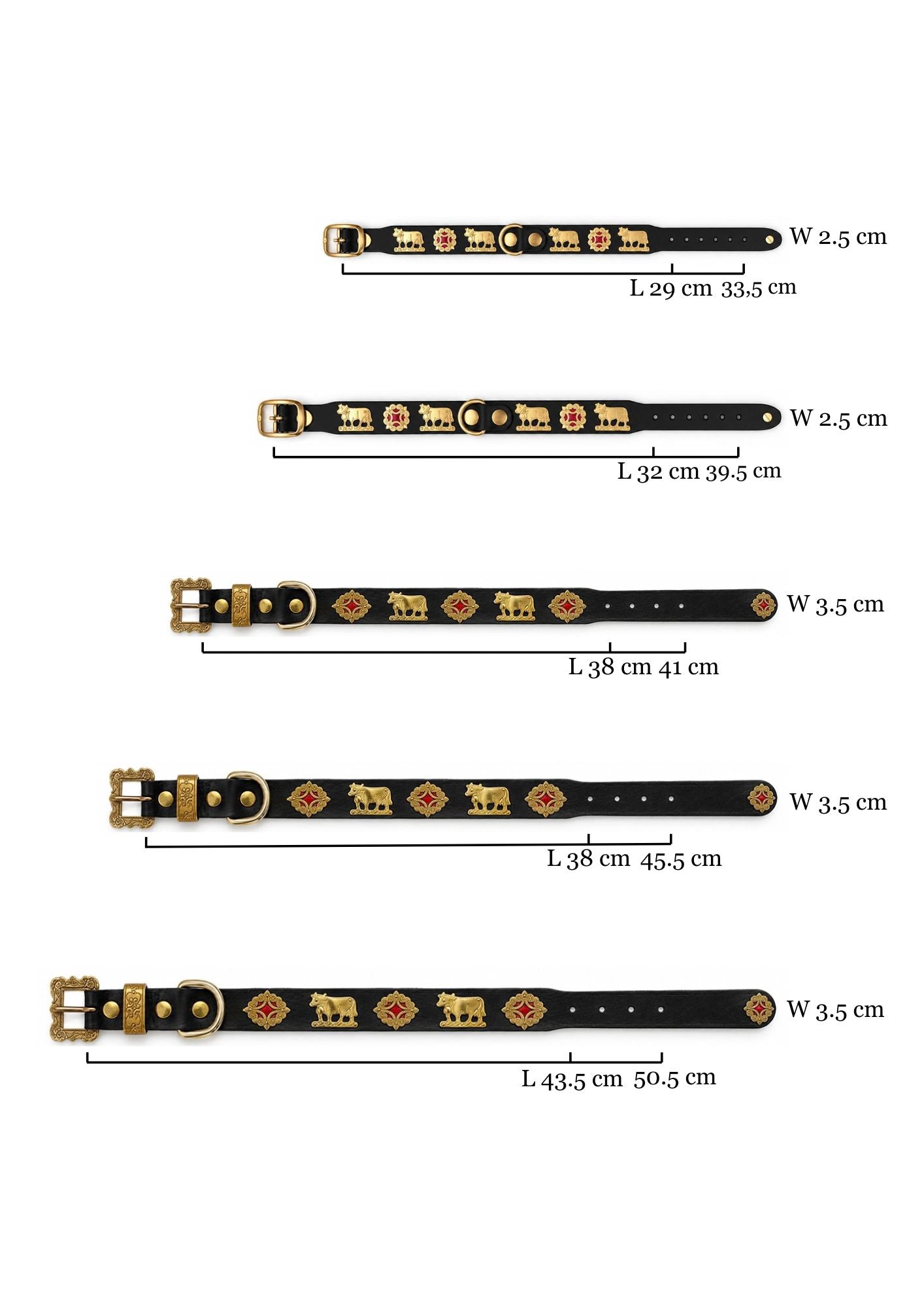 Five black leather dog collars with gold-tone hardware and elephant motifs, shown in different sizes with printed width and length measurements on a white background. The Alpine collar, Appenzeller collar, made in Switzerland, handmade, mountain collar, leather belt, cintura di pelle, cintura con le mucche, stelle alpine, cintura svizzera, cintura tirolese, cintura ampezzana, traditional belt, cow belt, kids belt, artisanal kids belt, artisanal belt, cinture da bambini, cinture artigianali.
