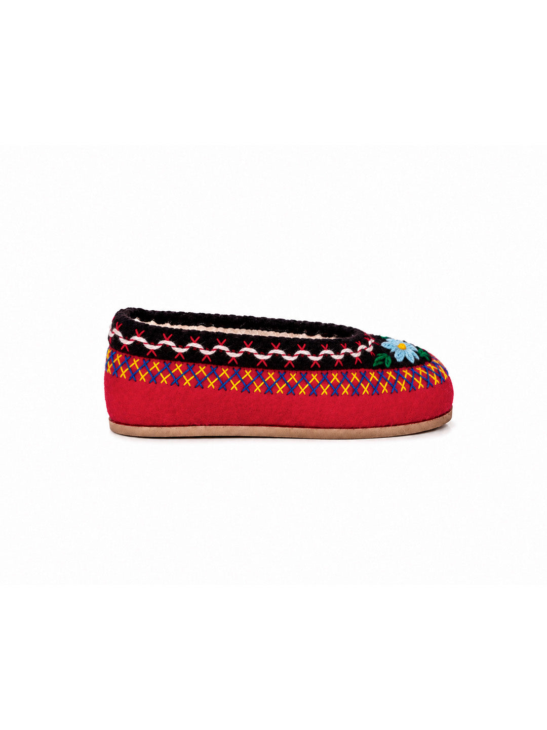 A single red knit slipper shown in profile against a plain white background. The slipper features a black knit collar with white zigzag stitching, a multicolor diamond-patterned band, and a small embroidered blue and white flower on the side. POLISH SLIPPERS, FELT SLIPPERS, WINTER SLIPPERS, WOOL SLIPPERS, EMBROIDERED SLIPPERS, COZY SLIPPERS, WINTER TIME, PANTOFOLE POLACCHE, TRADITIONAL SLIPPERS, MATCHY SLIPPERS, MUM AND ME, PANTOFOLE DI FELTRO, PANTOFOLE DI LANA, PANTOFOLE RICAMATE, PANTOFOLE INVERNALI, PAN