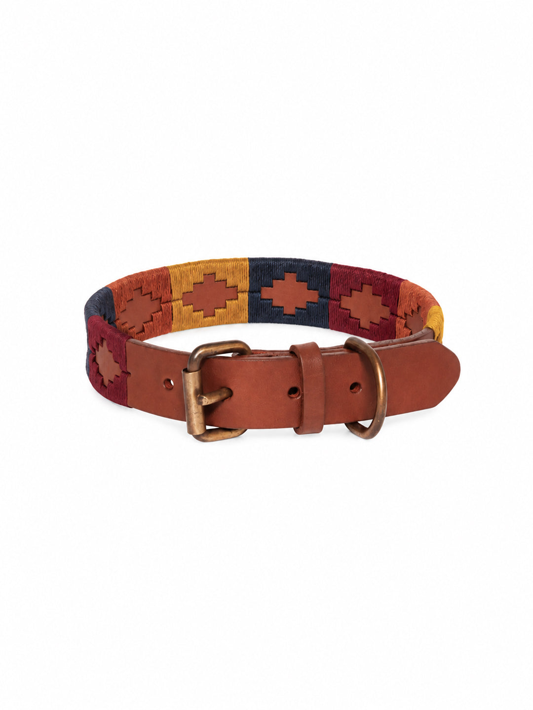 A leather belt with a colorful woven patterned strap featuring geometric motifs in red, orange, yellow, and navy blue, finished with a brown leather buckle and keeper. ETHICAL FASHION, CRAFTSMANSHIP, SUSTAINABLE FASHION, TRADITIONAL FASHION, ETHNIC FASHION, BOHEMIAN FASHION, MODA ETICA, MODA SOSTENIBILE, TECNICHE ARTIGIANALI, MODA TRADIZIONALE, MODA ETNICA, VESTITI BOHEMIAN, COLORFUL BELT, CINTURE COLORATE, CINTURA RICAMATA A MANO, HANDEMBROIDERED BELT, POLO BELT, CINTURE DA POLO, CINTURA DI PELLE, CINTUA D