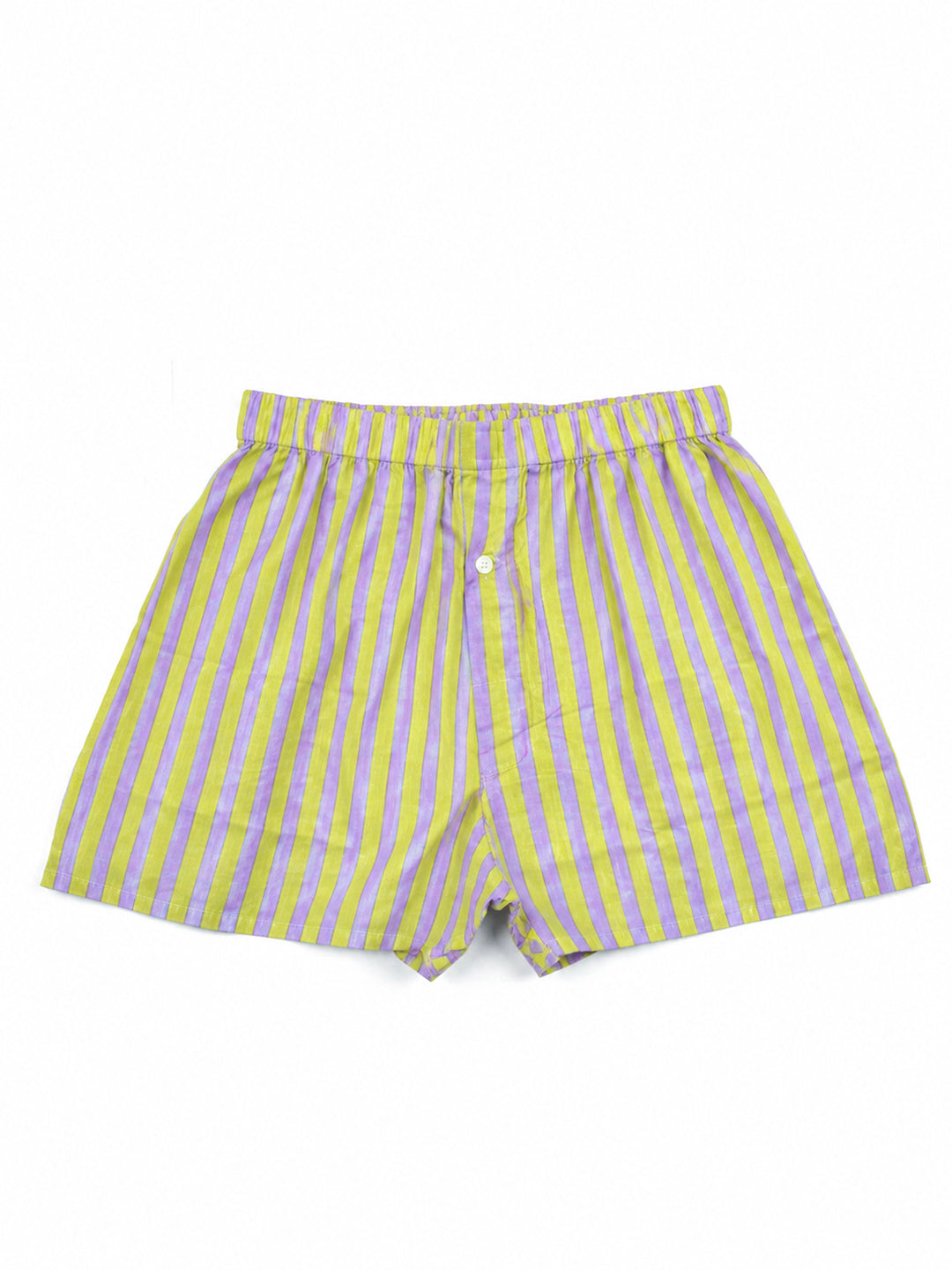 A pair of men's box shorts featuring vertical stripes in yellow and light purple, with a button closure at the front, laid flat on a white background. ETHICAL FASHION, CRAFTSMANSHIP, SUSTAINABLE FASHION, TRADITIONAL FASHION, ETHNIC FASHION, BOHEMIAN FASHION, MODA ETICA, MODA SOSTENIBILE, TECNICHE ARTIGIANALI, MODA TRADIZIONALE, MODA ETNICA, BOHEMIAN DRESS, MADE IN INDIA, HANDMADE IN INDIA, BLOCK PRINT, FLOWER SWIMWEAR, COSTUMI A FIORI, COSTUME DI COTONE, COTTON SWIMWEAR, ETNIC PRINTS, STAMPE INDIANE, STAMPE