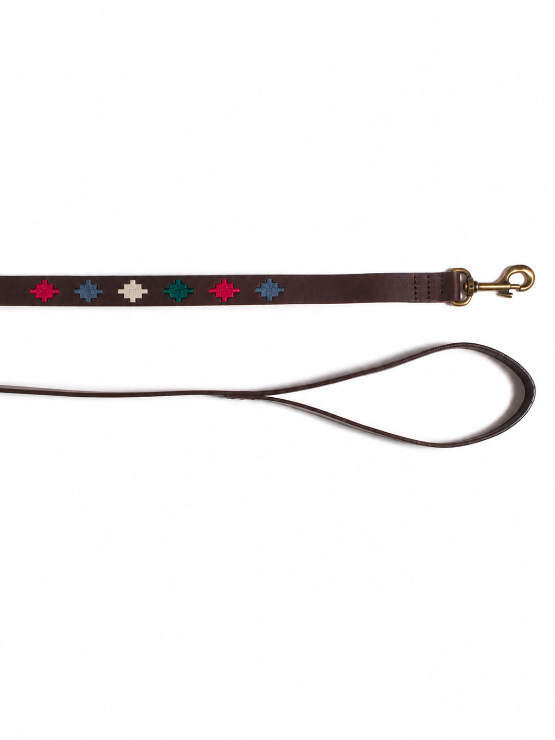 A dark brown leather dog leash with a brass-colored swivel clasp and a decorative strap featuring a series of colorful embroidered star-like motifs in red, blue, green, and white. ETHICAL FASHION, CRAFTSMANSHIP, SUSTAINABLE FASHION, TRADITIONAL FASHION, ETHNIC FASHION, BOHEMIAN FASHION, MODA ETICA, MODA SOSTENIBILE, TECNICHE ARTIGIANALI, MODA TRADIZIONALE, MODA ETNICA, VESTITI BOHEMIAN, COLORFUL BELT, CINTURE COLORATE, CINTURA RICAMATA A MANO, HANDEMBROIDERED BELT, POLO BELT, CINTURE DA POLO, CINTURA DI PEL