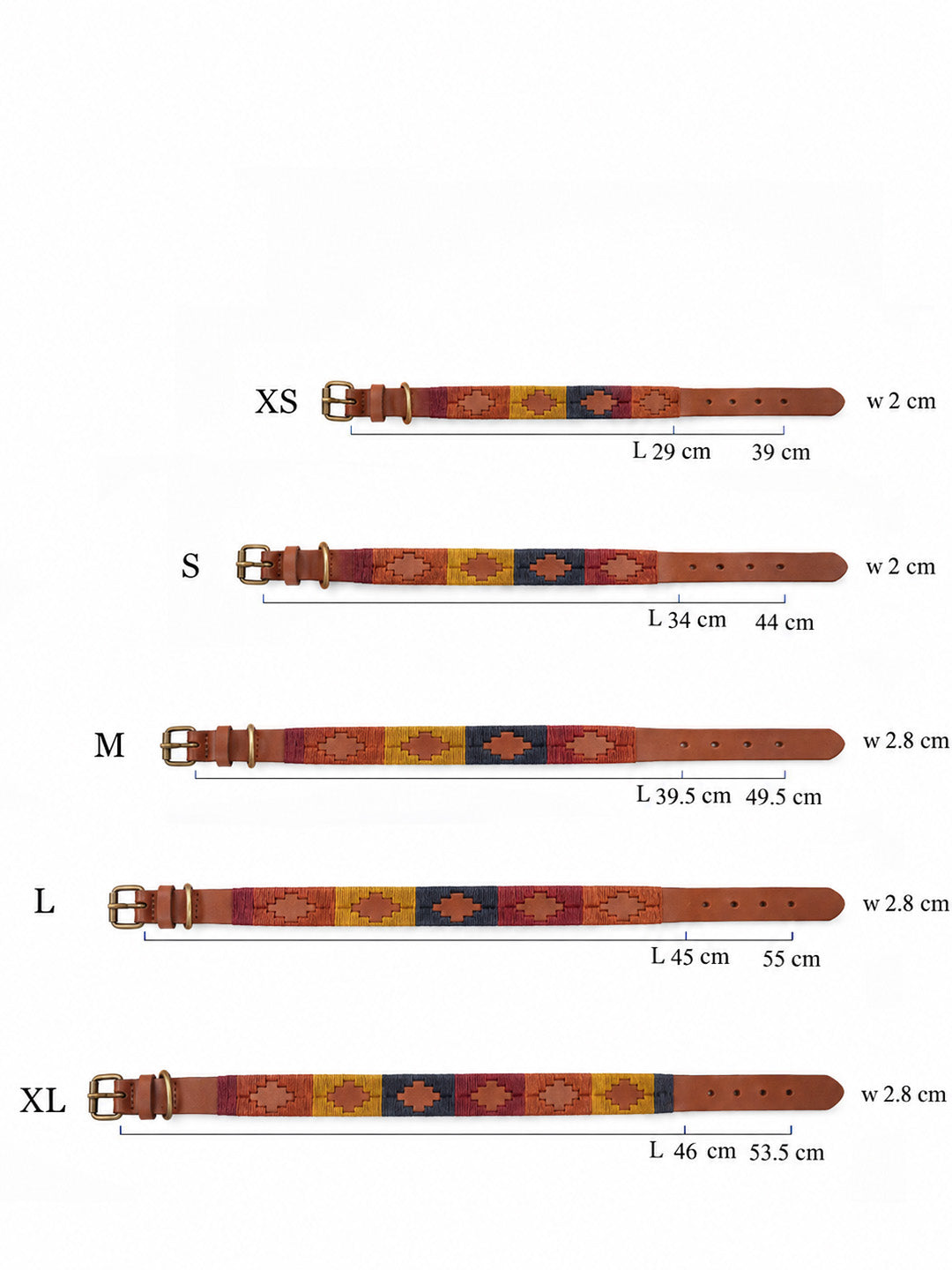 Size chart diagram showing belts in sizes XS, S, M, L, and XL with measurements for length and width on a white background. ETHICAL FASHION, CRAFTSMANSHIP, SUSTAINABLE FASHION, TRADITIONAL FASHION, ETHNIC FASHION, BOHEMIAN FASHION, MODA ETICA, MODA SOSTENIBILE, TECNICHE ARTIGIANALI, MODA TRADIZIONALE, MODA ETNICA, VESTITI BOHEMIAN, COLORFUL BELT, CINTURE COLORATE, CINTURA RICAMATA A MANO, HANDEMBROIDERED BELT, POLO BELT, CINTURE DA POLO, CINTURA DI PELLE, CINTUA DI CUOIO, LEATHER BELT, MADE IN ARGENTINA, HA