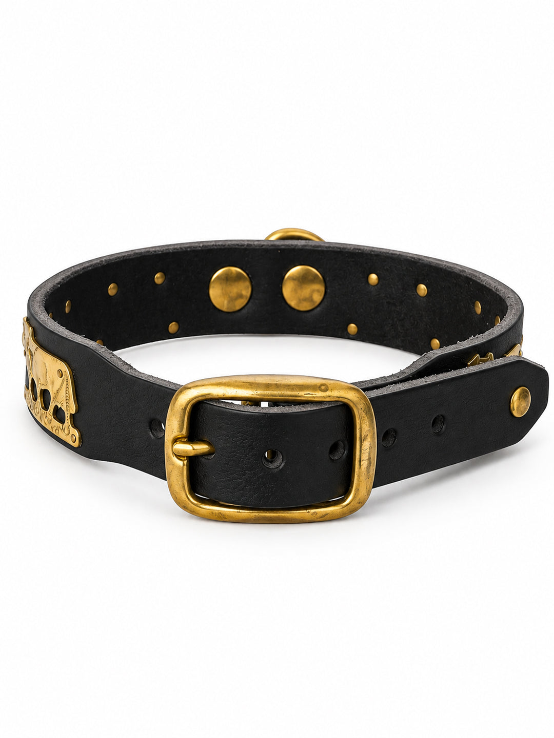 A black leather collar with gold-tone hardware, featuring a large rectangular buckle, metal studs, and a decorative skull-and-crossbones emblem on the side, shown against a plain white background. The Alpine collar, Appenzeller collar, made in Switzerland, handmade, mountain collar, leather belt, cintura di pelle, cintura con le mucche, stelle alpine, cintura svizzera, cintura tirolese, cintura ampezzana, traditional belt, cow belt, kids belt, artisanal kids belt, artisanal belt, cinture da bambini, cinture