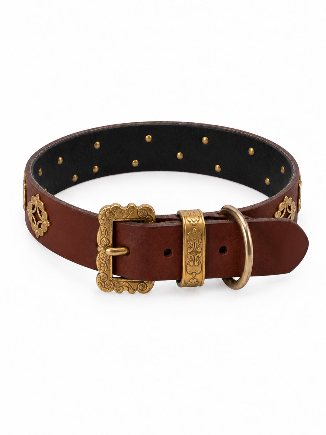 A brown leather belt with gold-tone hardware, featuring decorative studs, a patterned buckle, and a matching keeper, displayed on a clean white background. The Alpine collar, Appenzeller collar, made in Switzerland, handmade, mountain collar, leather belt, cintura di pelle, cintura con le mucche, stelle alpine, cintura svizzera, cintura tirolese, cintura ampezzana, traditional belt, cow belt, kids belt, artisanal kids belt, artisanal belt, cinture da bambini, cinture artigianali.