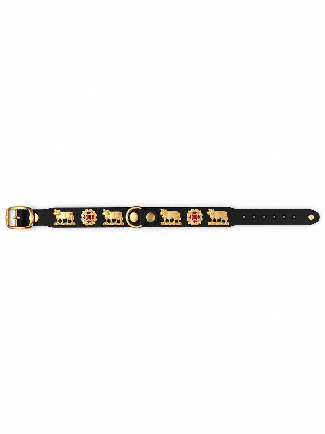 A black leather belt with gold-tone hardware and a repeating pattern of gold animal emblems, including lions and a central lion head, set against a plain white background. The Alpine collar, Appenzeller collar, made in Switzerland, handmade, mountain collar, leather belt, cintura di pelle, cintura con le mucche, stelle alpine, cintura svizzera, cintura tirolese, cintura ampezzana, traditional belt, cow belt, kids belt, artisanal kids belt, artisanal belt, cinture da bambini, cinture artigianali.