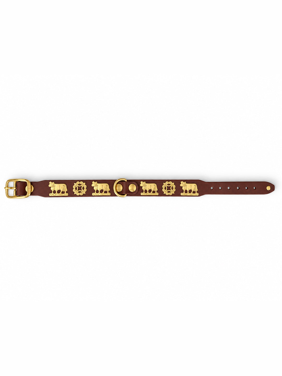 A brown leather belt featuring a repeating gold-tone horse motif along the strap, complete with a gold buckle and a gold D-ring, displayed horizontally on a plain white background. The Alpine collar, Appenzeller collar, made in Switzerland, handmade, mountain collar, leather belt, cintura di pelle, cintura con le mucche, stelle alpine, cintura svizzera, cintura tirolese, cintura ampezzana, traditional belt, cow belt, kids belt, artisanal kids belt, artisanal belt, cinture da bambini, cinture artigianali.